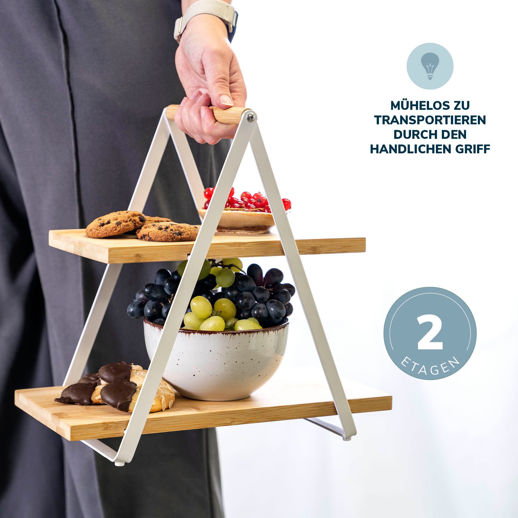 eluno Etagere Etagere aus Bambus mit Metallgestell, Servierregal auf 2 Etagen, Bambus, Metall, (kein Set, 1-tlg)