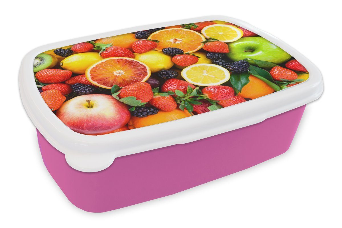 MuchoWow Lunchbox Erdbeere - Zitrone - Obst, Kunststoff, (2-tlg), Brotbox für Erwachsene, Brotdose Kinder, Snackbox, Mädchen, Kunststoff rosa
