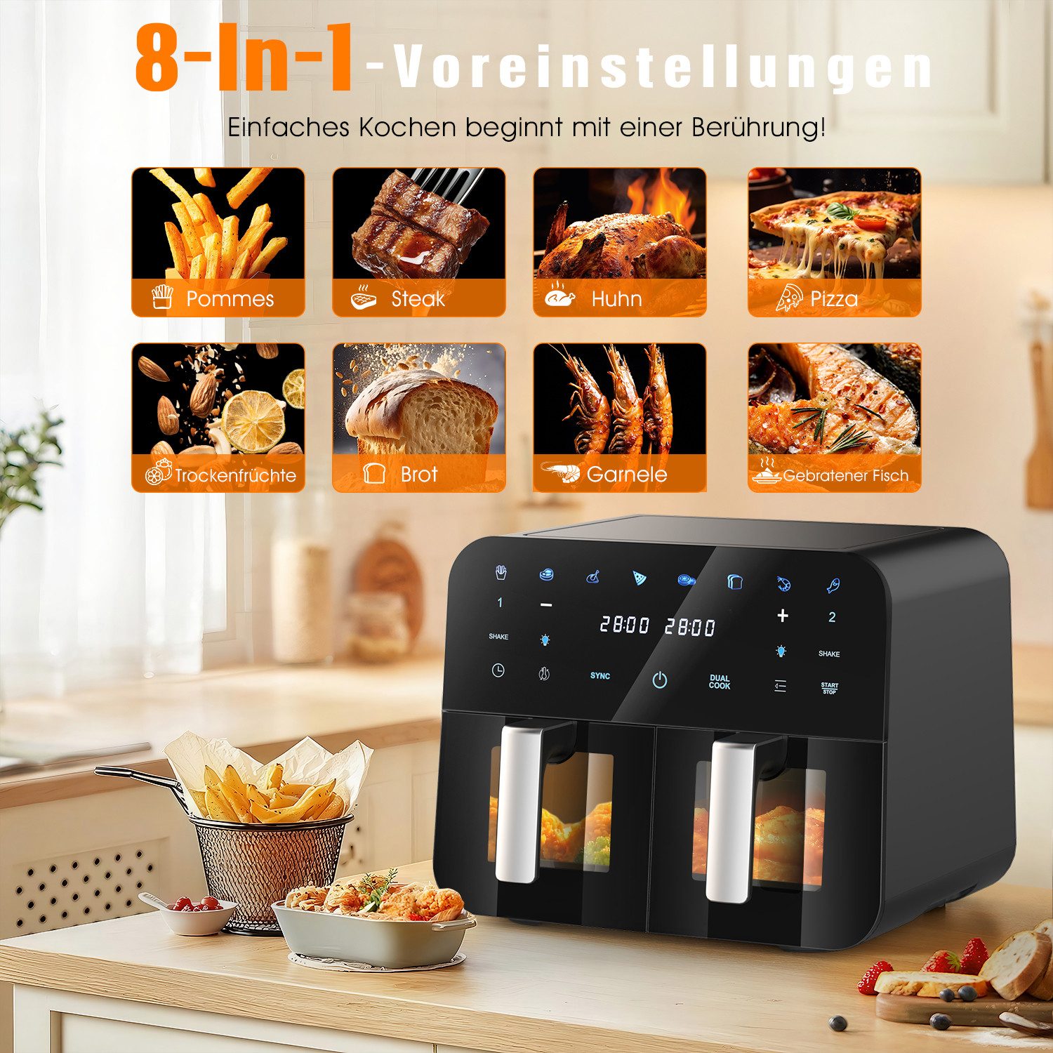 oyajia Heißluftfritteuse 9L Heißluftfritteuse RA930DSV XXL, 2 separat gesteuerte Garkammern, 2800,00 W, Touch Display, Sichtfenster, 8 Automatikprogramme/je 4,5 – Bild 4 von 5