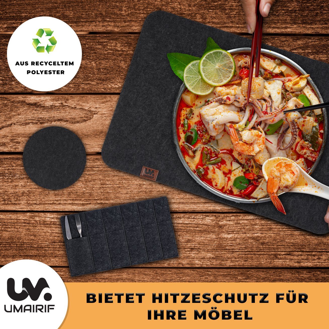 Platzset, Rutschfeste Tischset abwaschbar abwischbar Tischuntersetzer Platzset Dunkelgrau Set, cm), 6er Montegoni, Filz (6 (44x32 aus Platzdeckchen