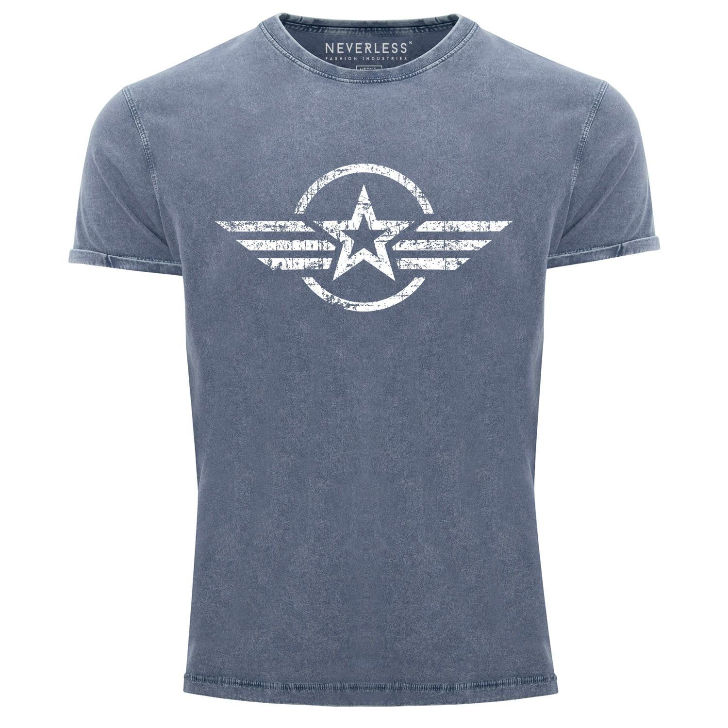 Neverless Print-Shirt Herren Vintage Airforce Used T-Shirt Military Neverless® Look Army Printshirt Fit blau Shirt Stern Aufdruck Slim Aufdruck Print mit