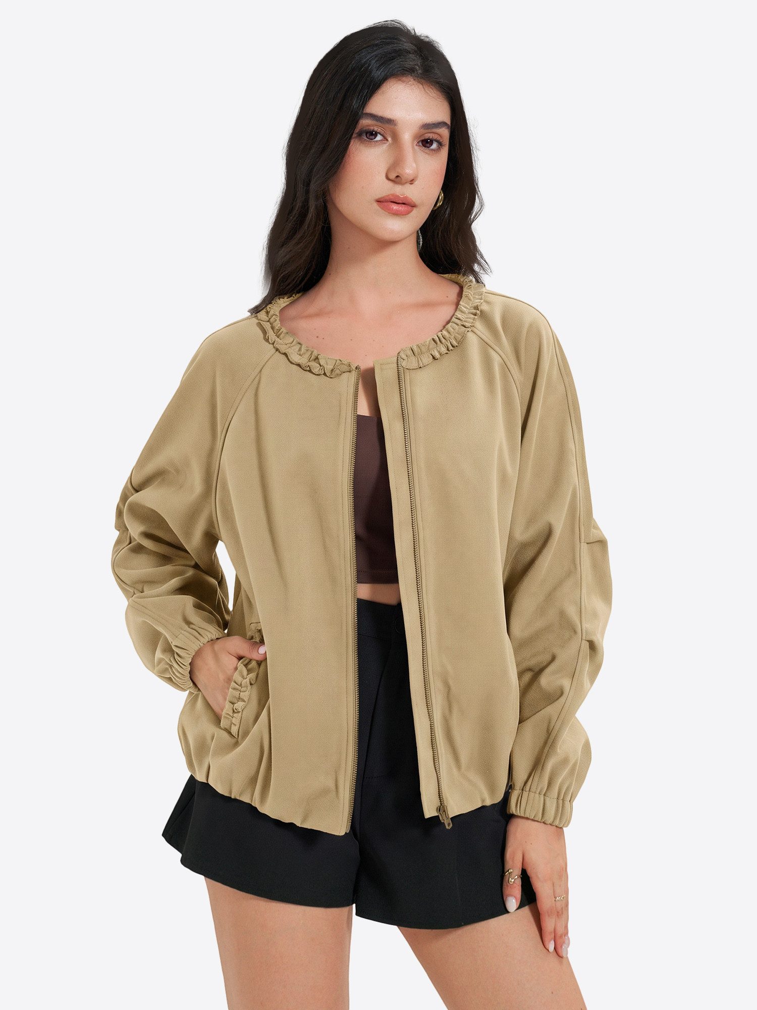 Imily Bela Pilotenjacke Damen Bolerojacke mit Rüschenkragen (Packung, 1-St., 1per-Pack) mit Taschen