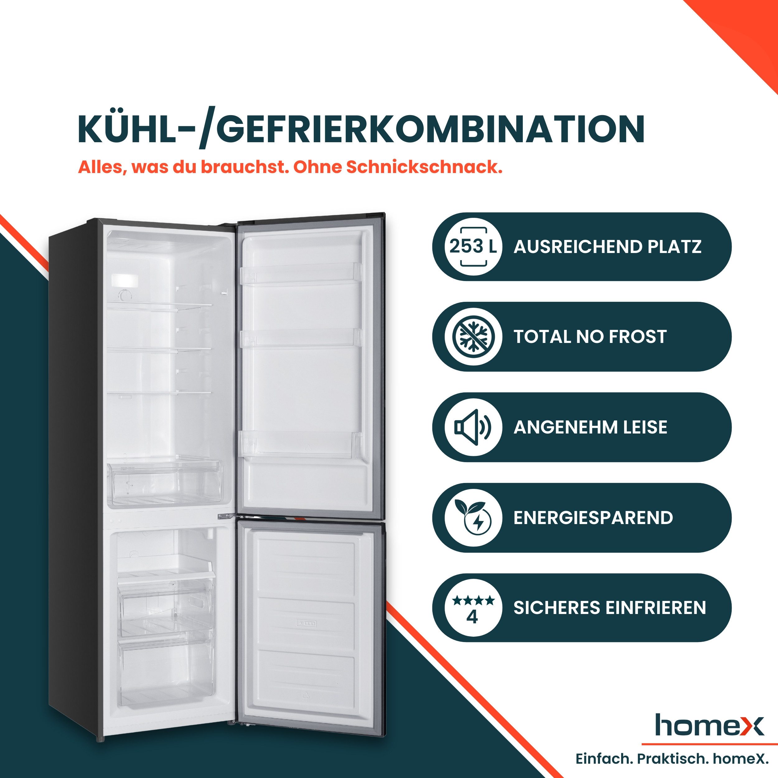 homeX Kühl-/Gefrierkombination CFSN2531C-S, 181 cm hoch, 54.5 cm breit, No Frost, 253 Liter, Kühlschrank mit Gefrierfach, freistehend, groß
