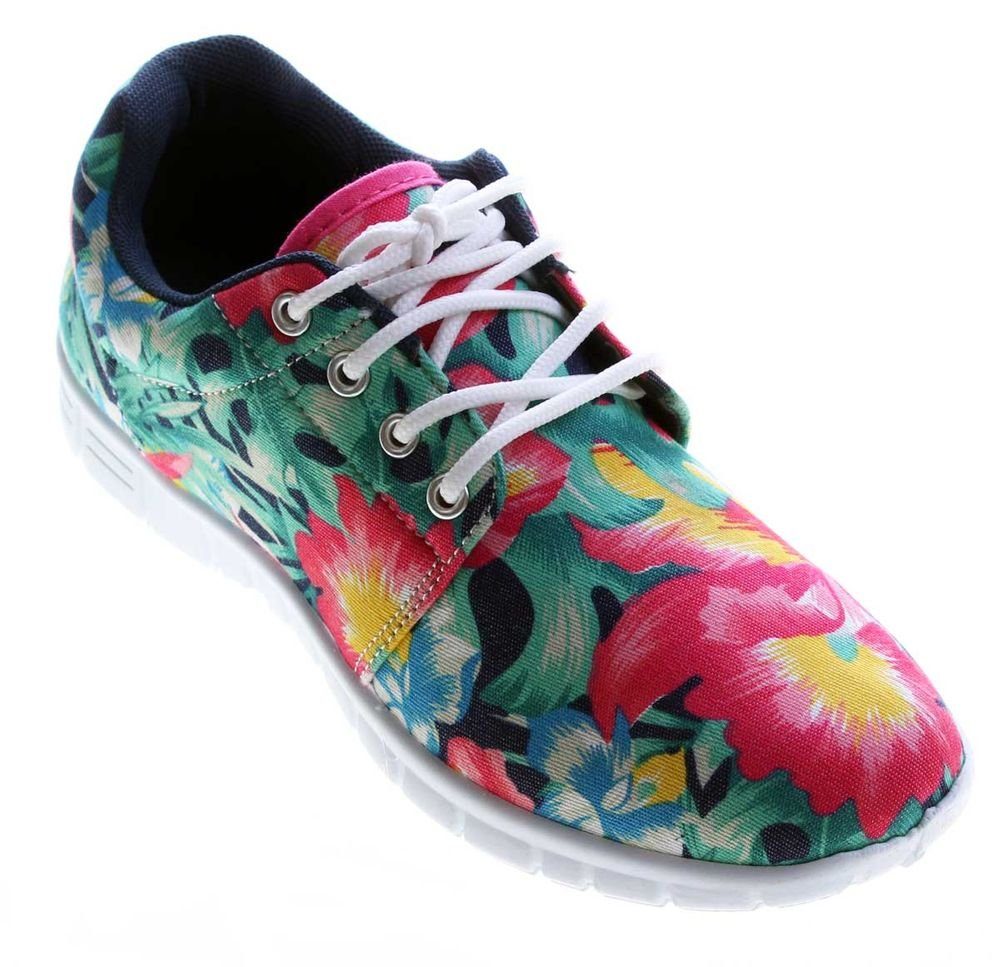 Scandi Damen Sneaker Halb Schuhe leicht flexibel bunt Schnürschuh Leinenschuhe Blumen Muster Bunt Mehrfarbig