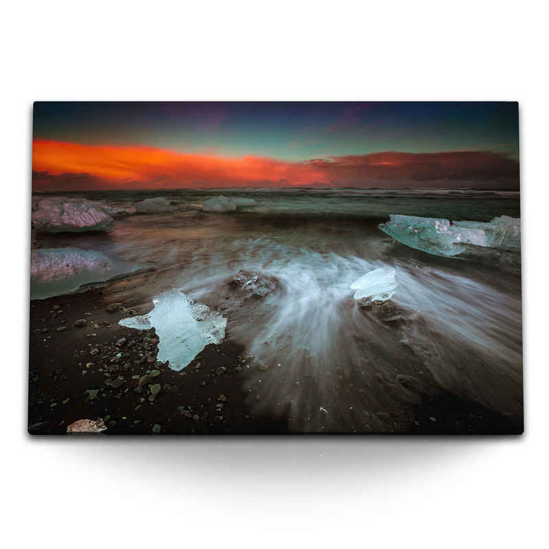 Sinus Art Leinwandbild 120x80cm Wandbild auf Leinwand Island Strand Dunkel Eis Ozean roter Hi, (1 St)