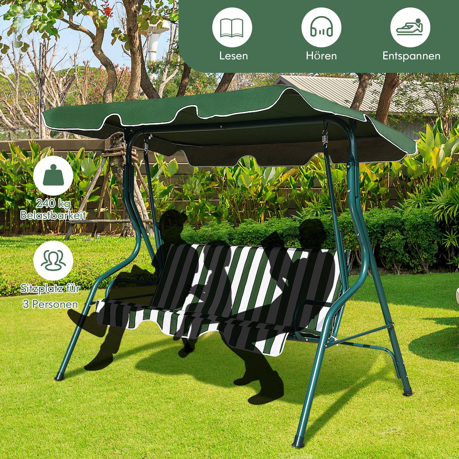 COSTWAY Hollywoodschaukel Gartenbank, 3-Sitzer, mit Sonnendach, bis 210 kg