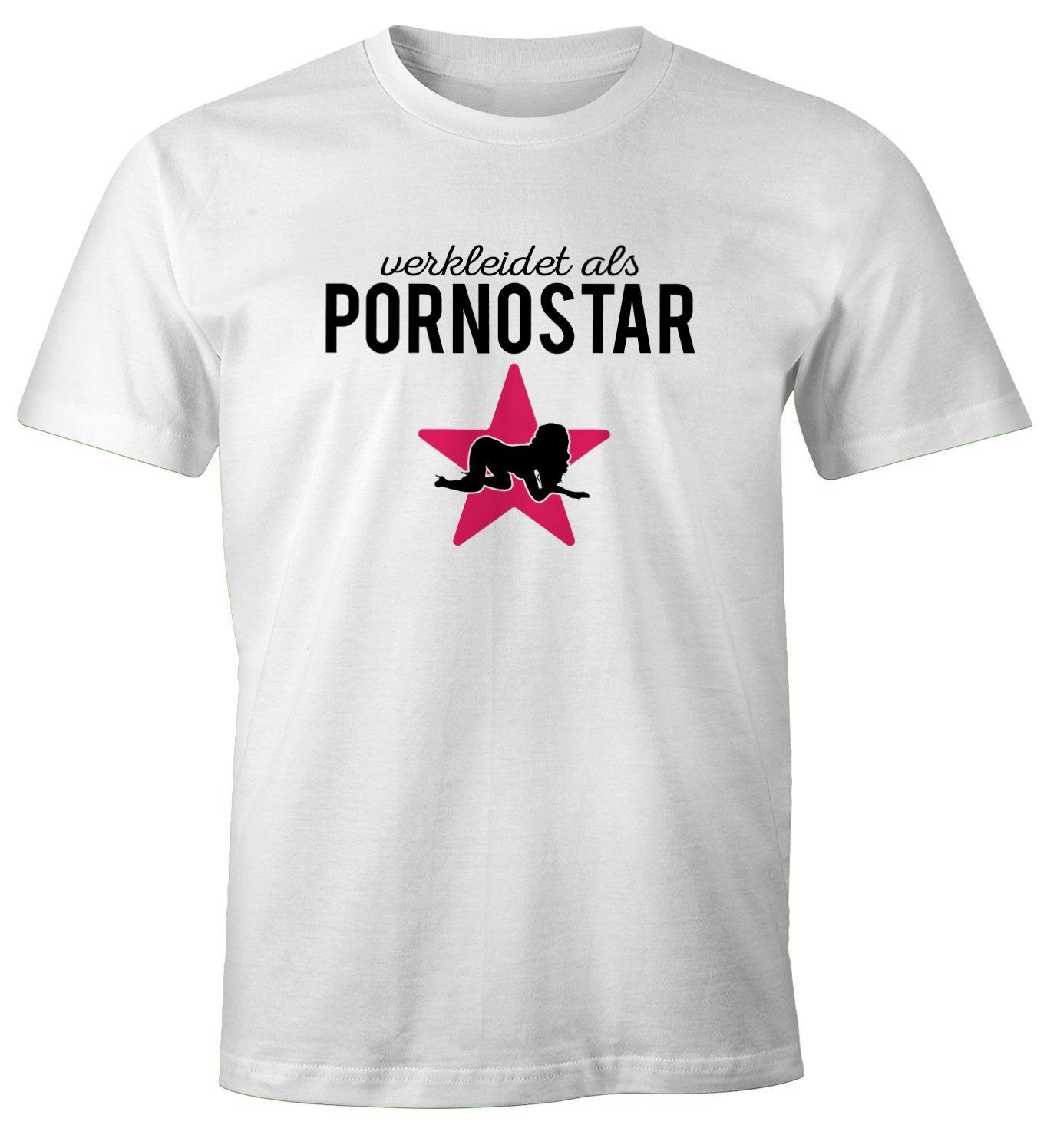 MoonWorks Print-Shirt Herren T-Shirt verkleidet als Pornostar Kostüm Verkleidung Erotik Fastnacht Karneval sexy Fun-Shirt Moonworks® mit Print weiß | T-Shirts