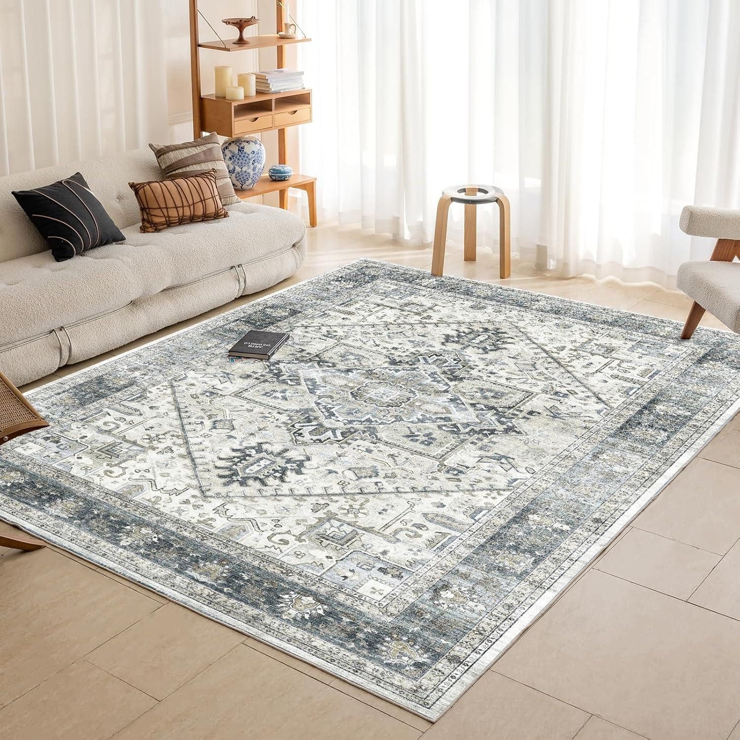 Teppich Teppich Vintage Boho rutschfest waschbar 120x170cm cyanfarben