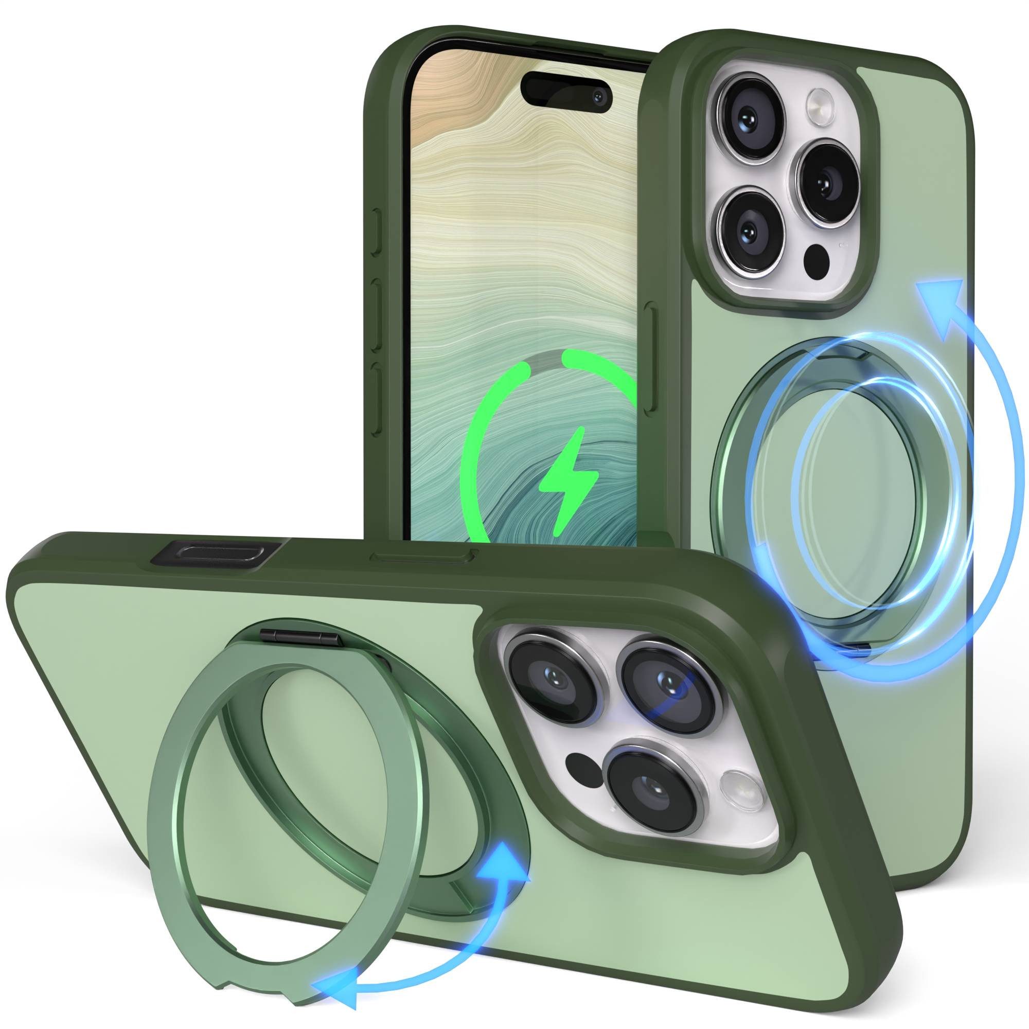 EAZY CASE Handyhülle Outdoor Apple iPhone 16 Pro Case MagSafe Rotation Ring 6,3 Zoll, Backcover Case mit Rotation Ring Outdoor Hülle aufstellbar Dunkelgrün