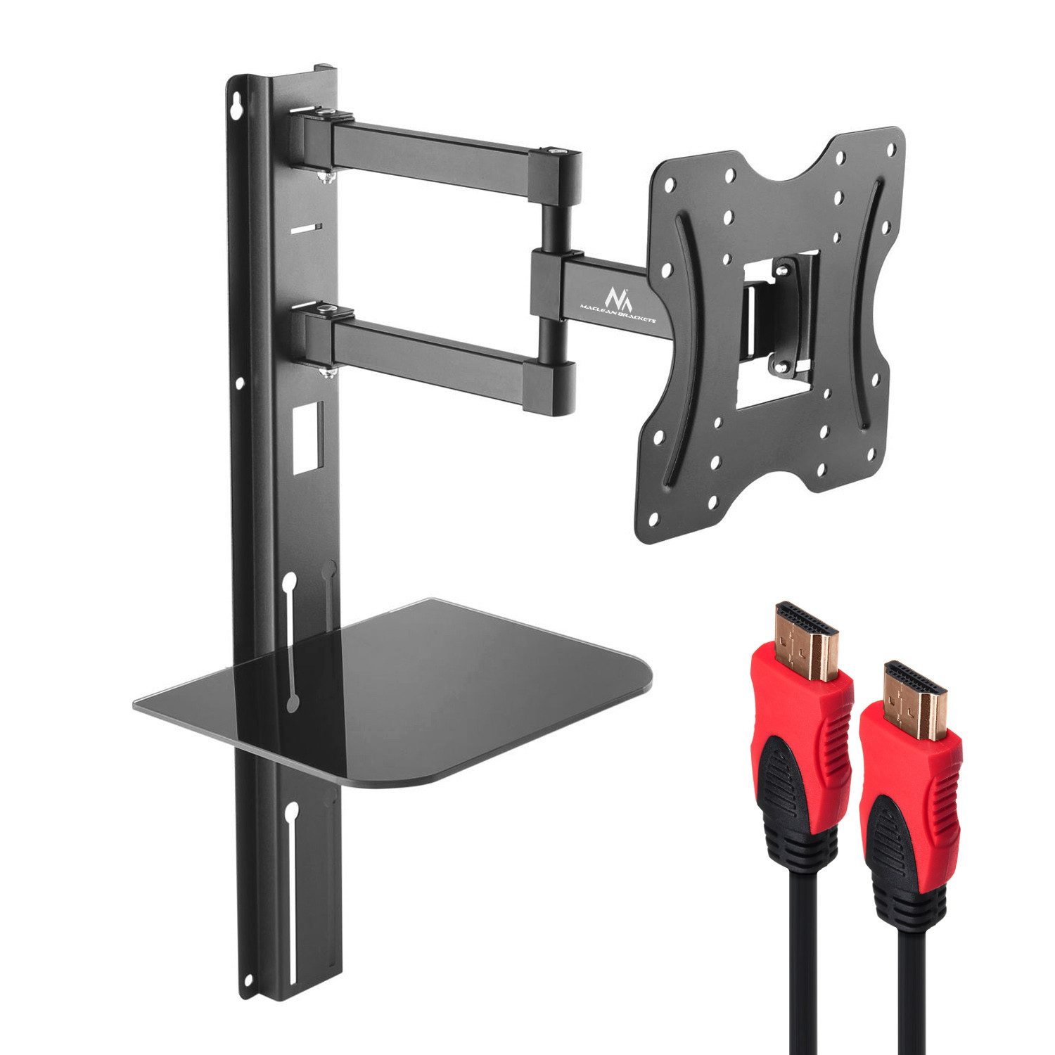Maclean TV-Wandhalterung MC-771+MCTV-706, (bis 42 Zoll, TV Halterung mit Ablage 23-42'' 30kg HDMI-Kabel)