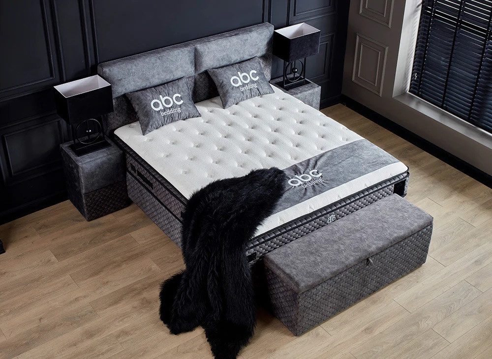 abc bedding Boxspringbett BABYLON Voll-orthopädisches Luxusbett mit Alcantara in Anthrazit (inkl. Matratze & Topper), Funktionsbett mit Bettkasten