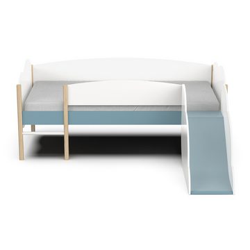 habeig Hochbett Bett mit Rutsche Kinderbett Spielbett weiss blau 206x183x85cm für Matratze 90x200cm