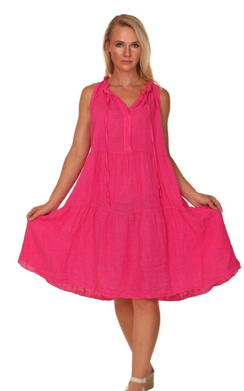 Charis Moda Sommerkleid Leinenkleid ärmellos mit Stehkragen Pink