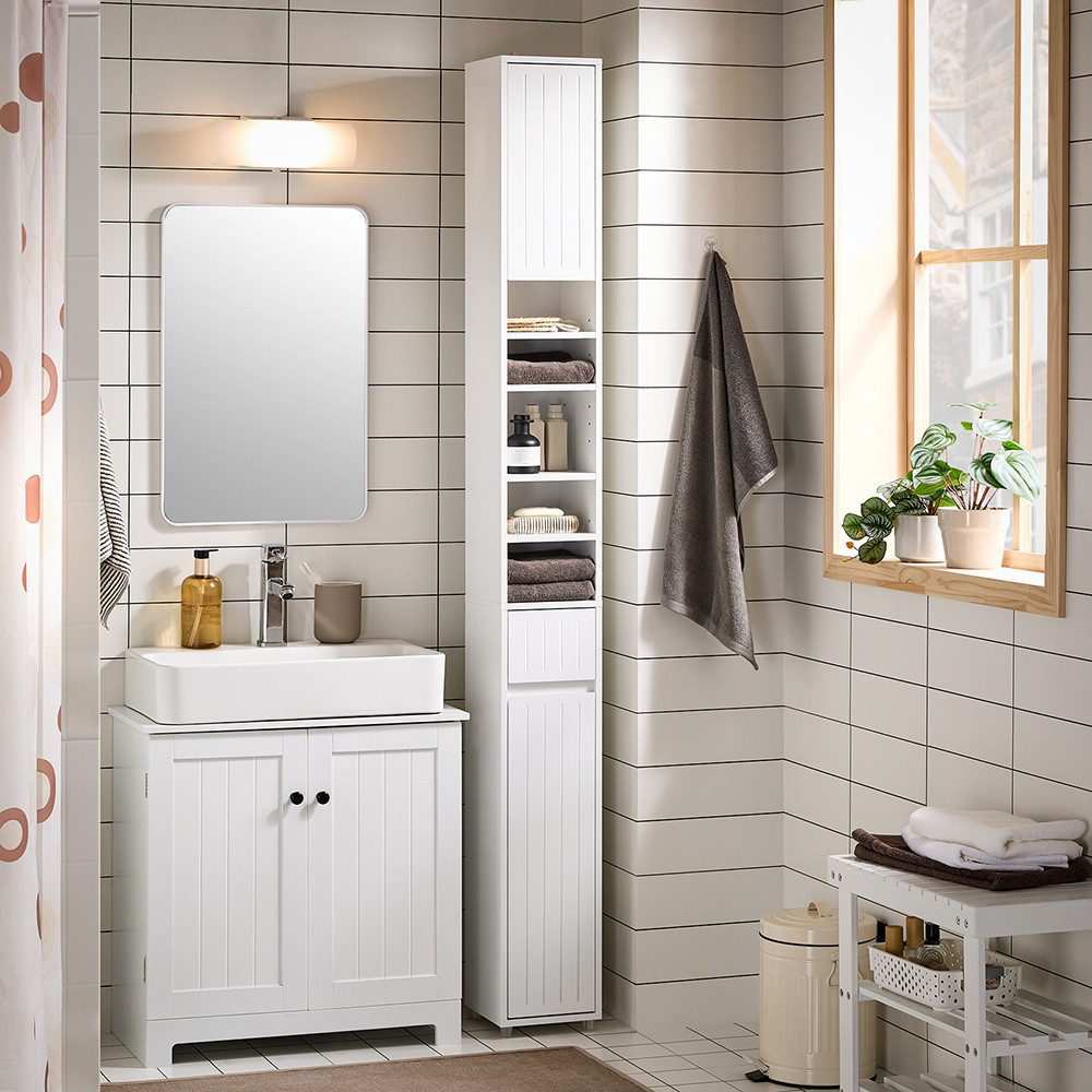 SoBuy Hochschrank BZR160, Badzimmerschrank schmal, Badezimmer Hochschrank mit 5 Fächern Badschrank Badregal mit 1 Schublade und Türen Badezimmer