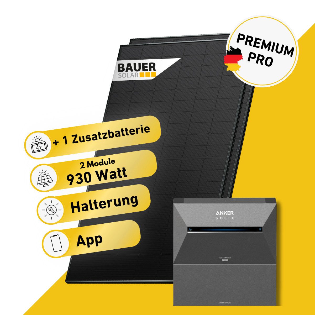 Balkonstrom Balkonkraftwerk PREMIUM Pro 930 Watt Solaranlage mit Speicher Komplettset Bifazial, 930 W, Monokristallin, (2x BAUER Solarmodul á 465 Watt, 1x Anker Solix 3 Pro Solarspeicher E2700, 1-4 Zusatzspeicher BP2700), Halterung für Dach, Fassade, Balkon & Garten, App & Plug&Play DE