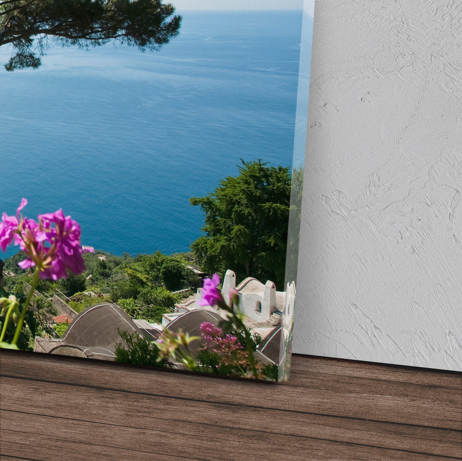 Sinus Art Leinwandbild Kunstdruck Bilder 120x60cm Italienische Küste Sommer Mittelmeer Baum, (1 St)