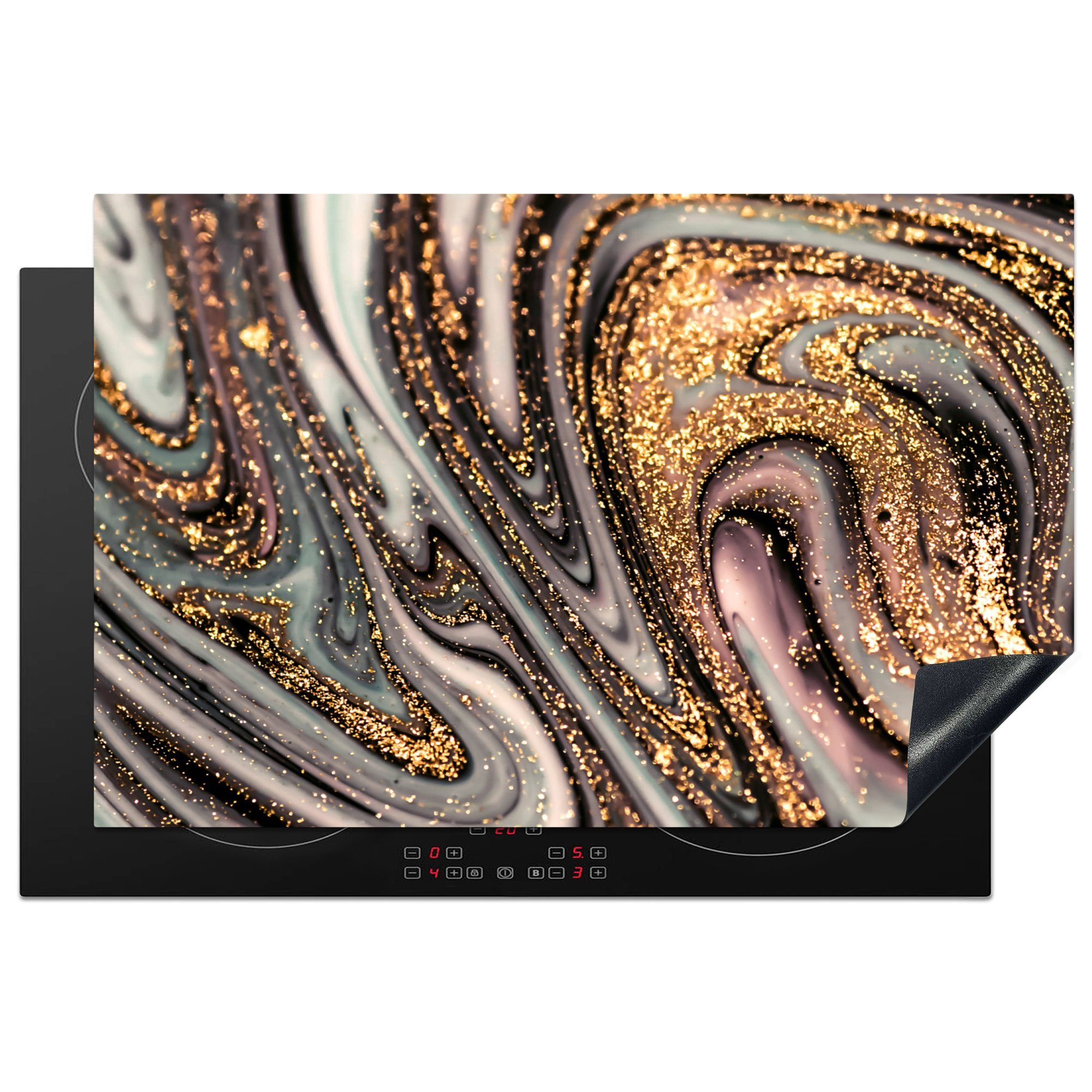 MuchoWow Herdblende-/Abdeckplatte Marmoroptik - Gold - Glitter - Luxus - Marmor - Weiß, Vinyl, (1 tlg), 81x52 cm, Induktionskochfeld Schutz für die küche, Ceranfeldabdeckung