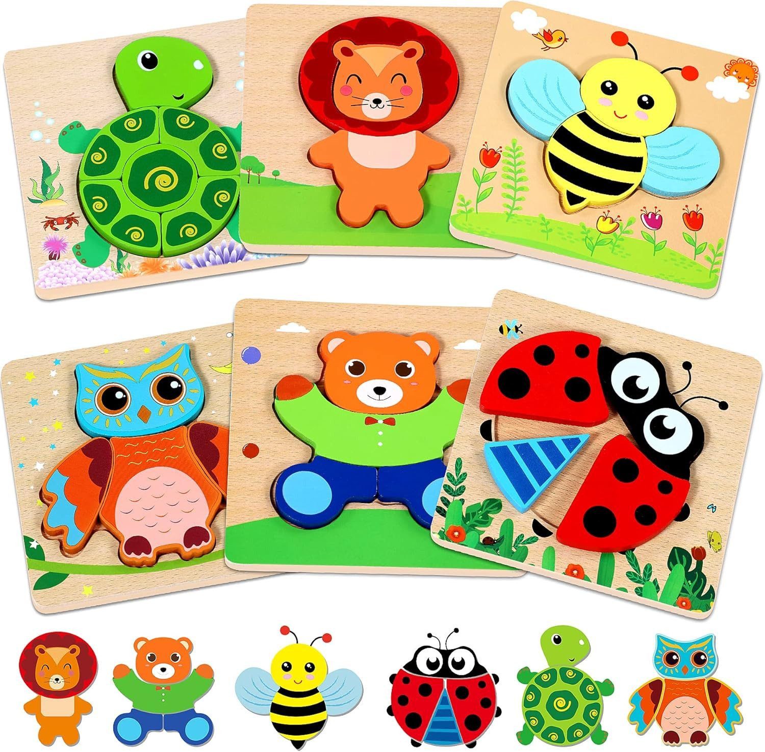 POPOLIC Rahmenpuzzle 6-teiliges 3D-Holzpuzzle für Kinder, 6 Puzzleteile, fördert Lernen und Kreativität und Sichere, hochwertige Materialien