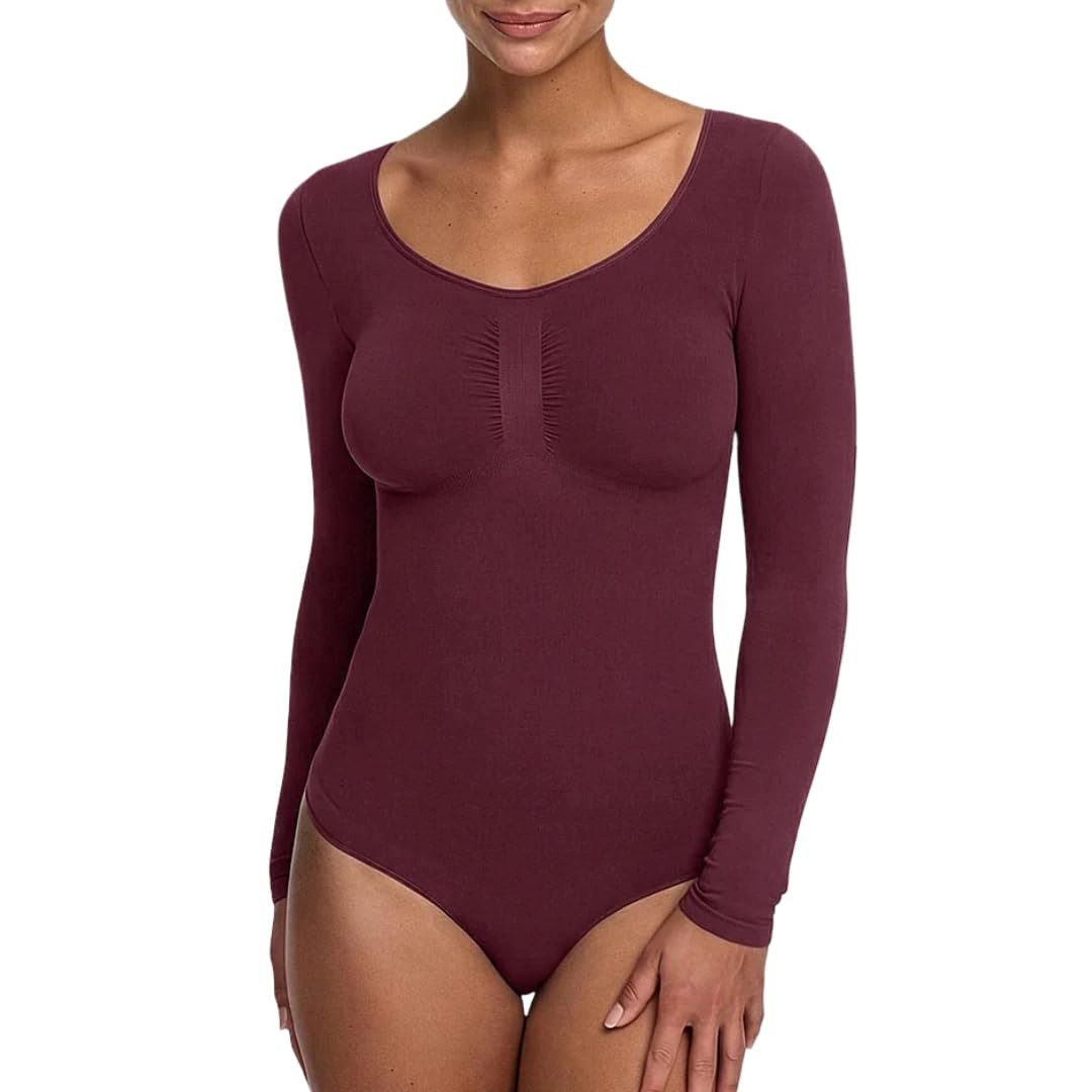 cfab (creamy fabrics) Miederbody Bodysuit Sculpting Shapewear Longsleeve mit String-Burgundy-3XL (1-tlg) Figurformend