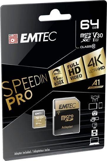 EMTEC microSD UHS-I U3 V30 SpeedIN PRO Speicherkarte (64 GB, UHS Class 1, 95 MB/s Lesegeschwindigkeit)