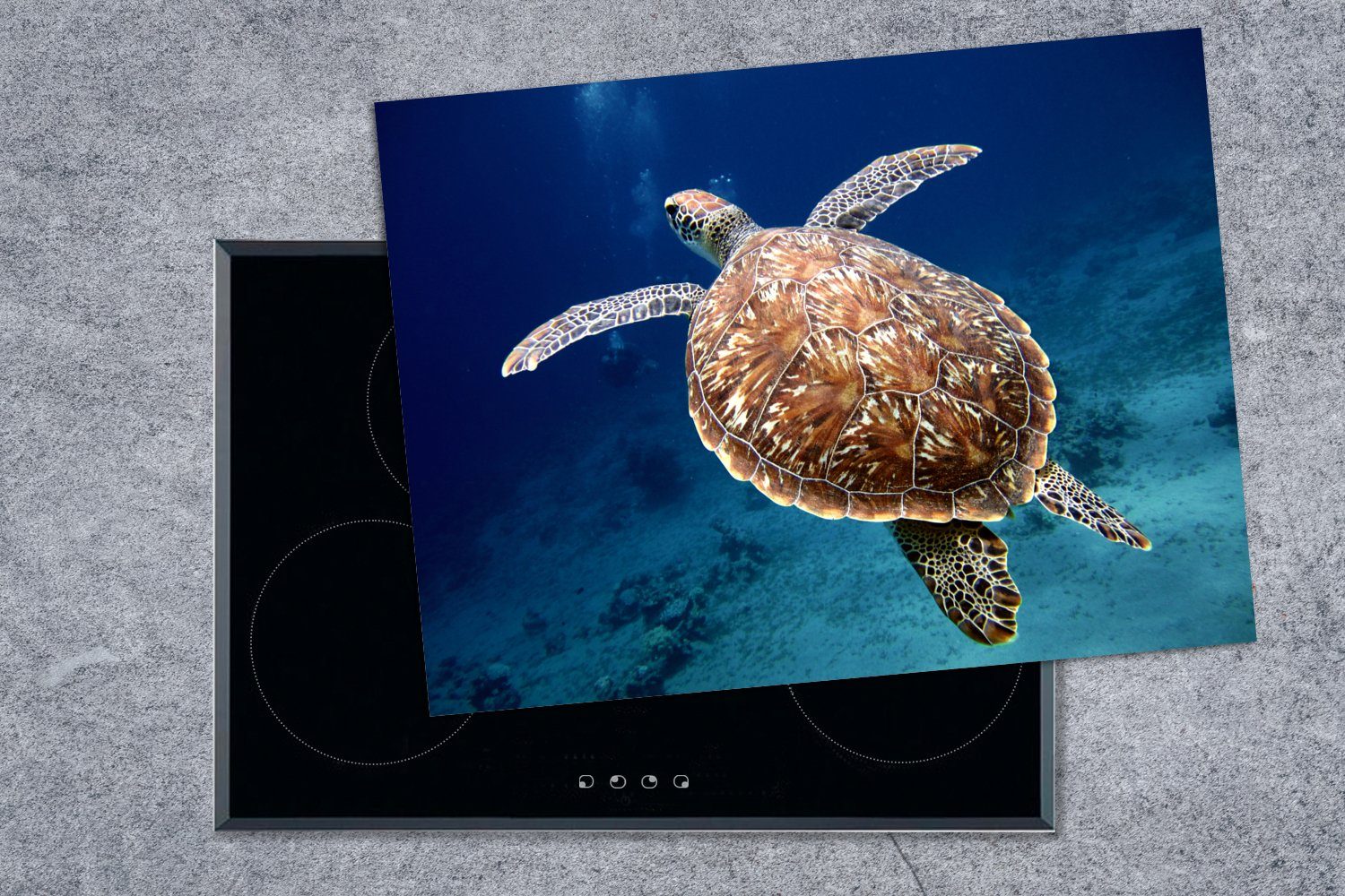 MuchoWow Herdblende-/Abdeckplatte Eine unter schwimmende Wasser Schildkröte, Mobile Arbeitsfläche Vinyl, (1 cm, nutzbar, 70x52 tlg), Ceranfeldabdeckung