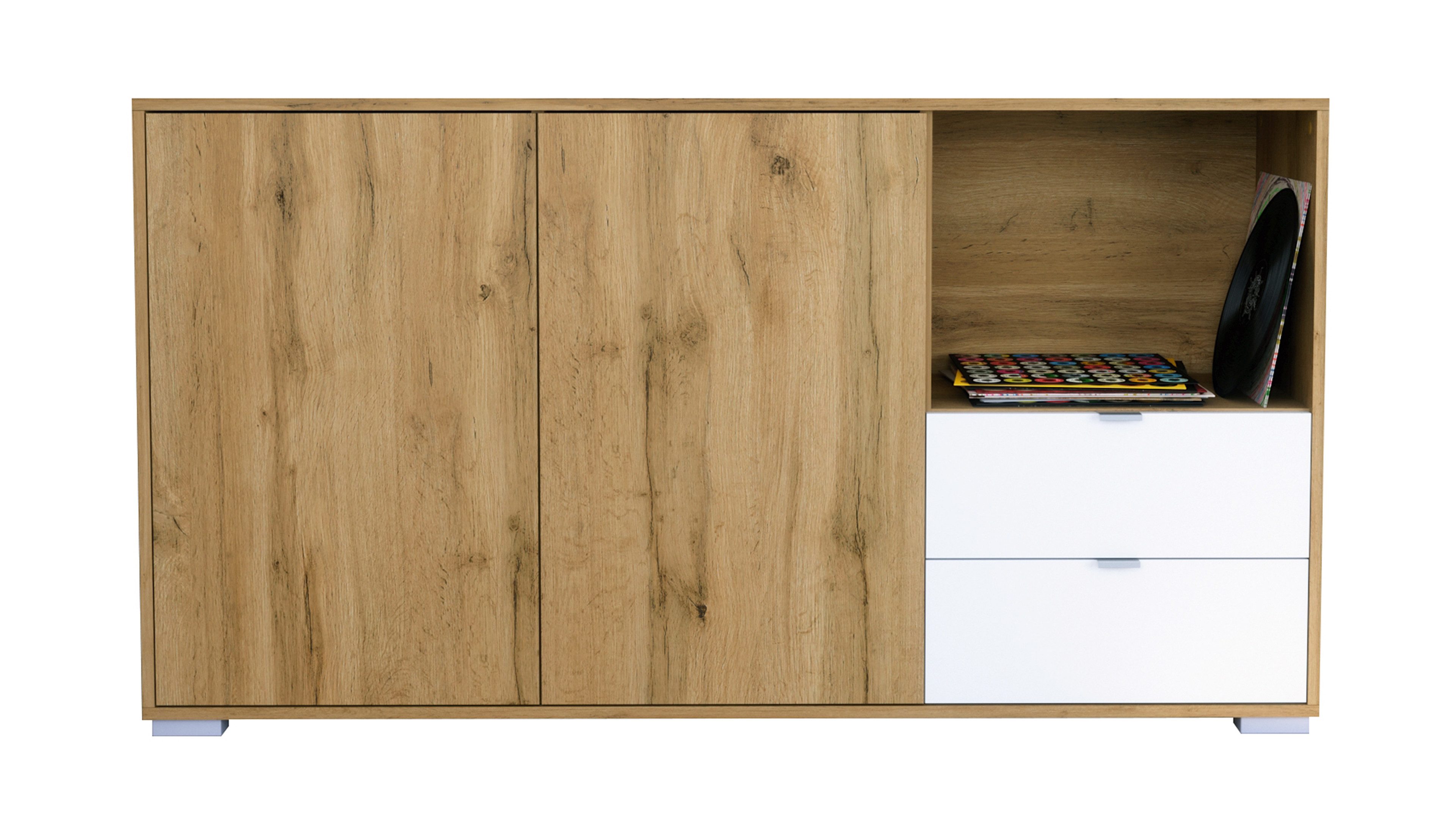 Vladon Sideboard Milano (Kommode mit 2 Türen Eiche Evoke, 2 Schubladen Weiß matt, Made in Germany), Korpus Eiche Evoke (152,5 x 83 x 37 cm)