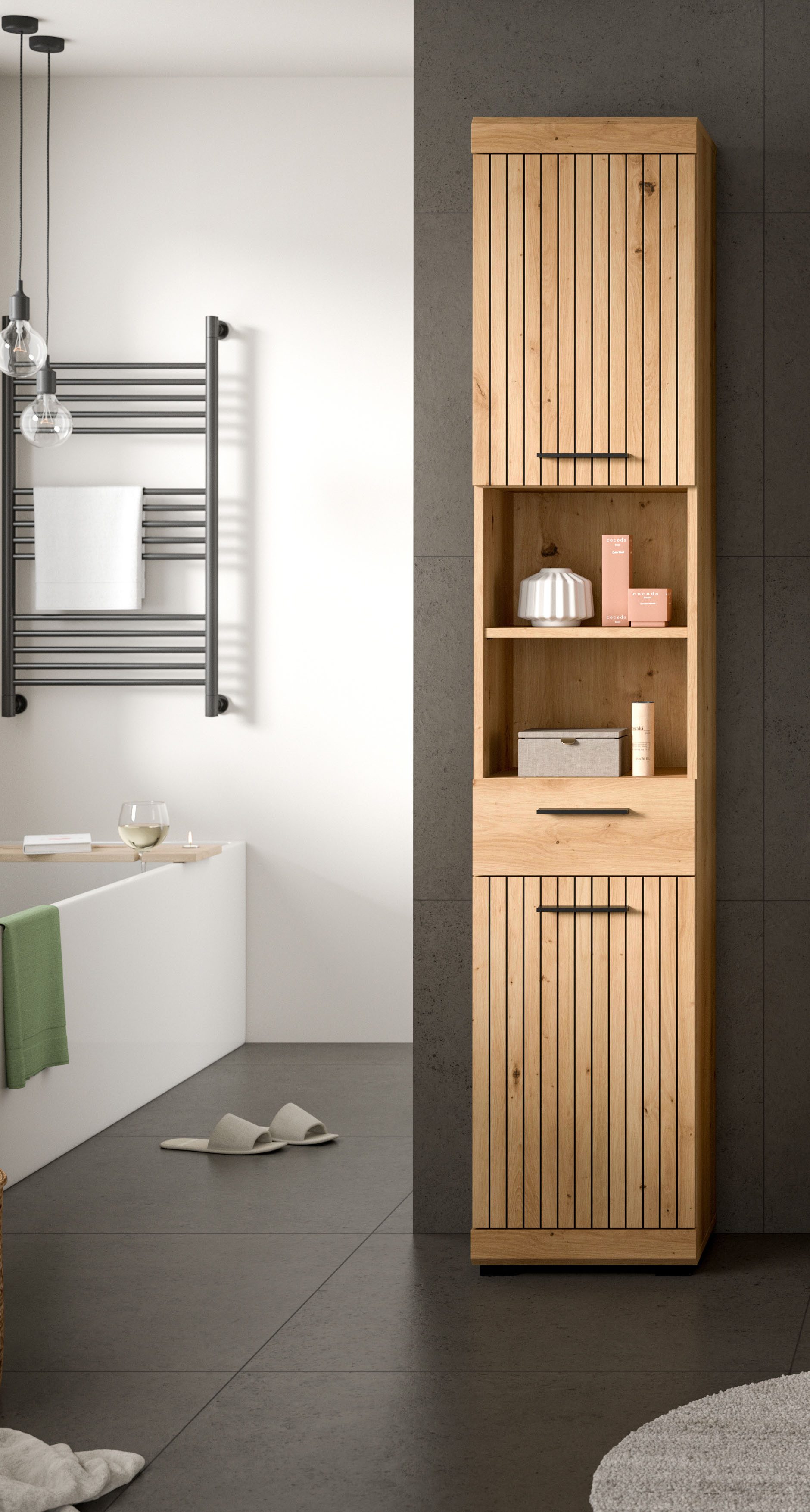 welltime Hochschrank SIENA, Breite 37cm, 2 Tür, 1 Schubkasten, 2 offene Fächer, MDF-Front (1-St., TOPSELLER) in verschiedenen Farben erhältlich, Badmöbel, Badschrank, Schrank, Bad