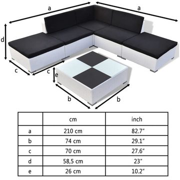 vidaXL Gartenlounge-Set 6-tlg. Garten-Lounge-Set mit Auflagen Poly Rattan Weiß, (6-tlg)