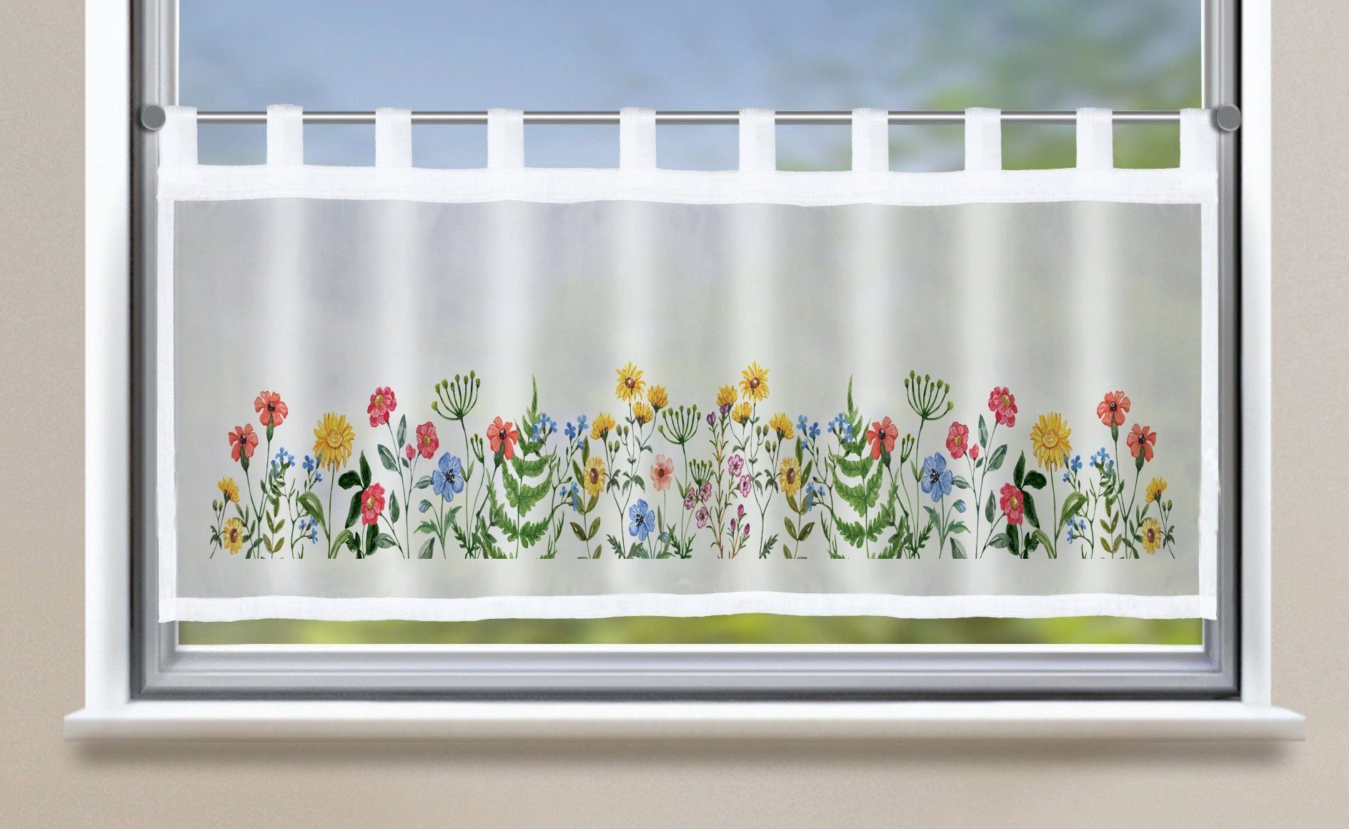 Scheibengardine, Gardinenbox, Schlaufen (1 St), halbtransparent, Bistrogardine »Bodrum« Voile Küchenfenster 2022410 Blumen Bunt