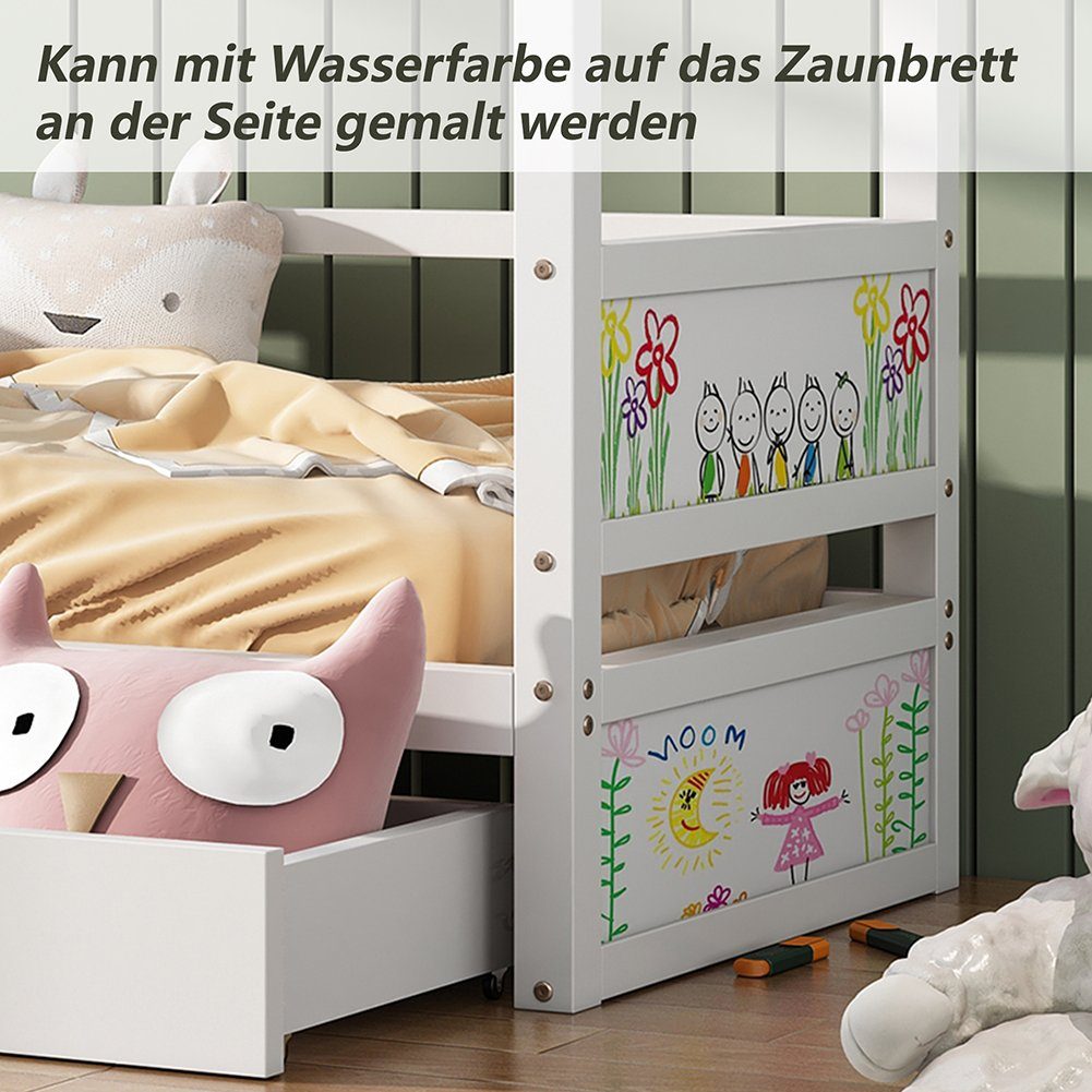 Hausbett, Kinderbett 200x90 cm mit Rausfallschutz und Lattenrost, Massivholzbett Jugendbett für Mädchen & Jungen