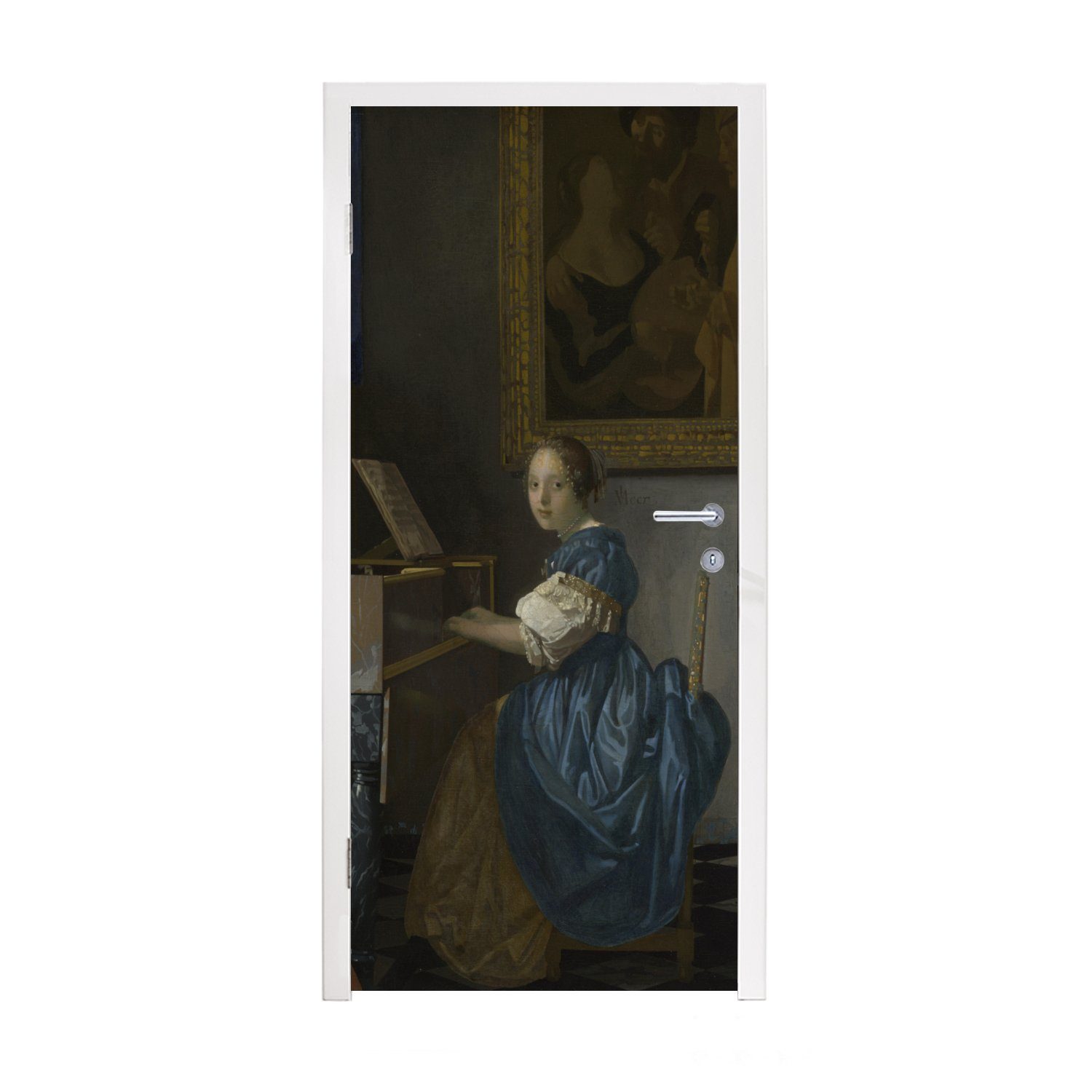 MuchoWow Türtapete Eine junge Frau an einer Jungfrau sitzend - Johannes Vermeer, bedruckt, (1 St), Selbstklebende Türfolie Türposter Türaufkleber Klebefolie Türklebefolie