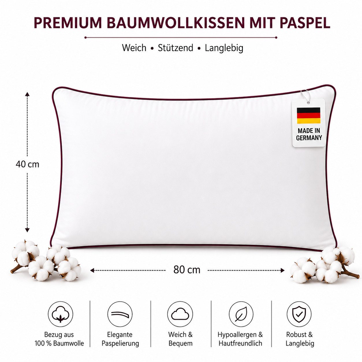 NEXGEN Luxus Baumwollkissen Baumwollkissen mit Biese, Hotelqualität, hergestellt in Deutschland, Füllung: Premium-Füllwatte, Bezug: Baumwolle, Seitenschläfer, B – Bild 2 von 5