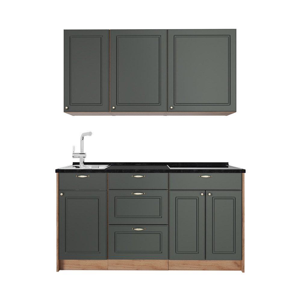 Vicco Küchenzeile Fame-Line, Grün-Gold Landhaus/Goldkraft Eiche, 150 cm, AP Anthrazit
