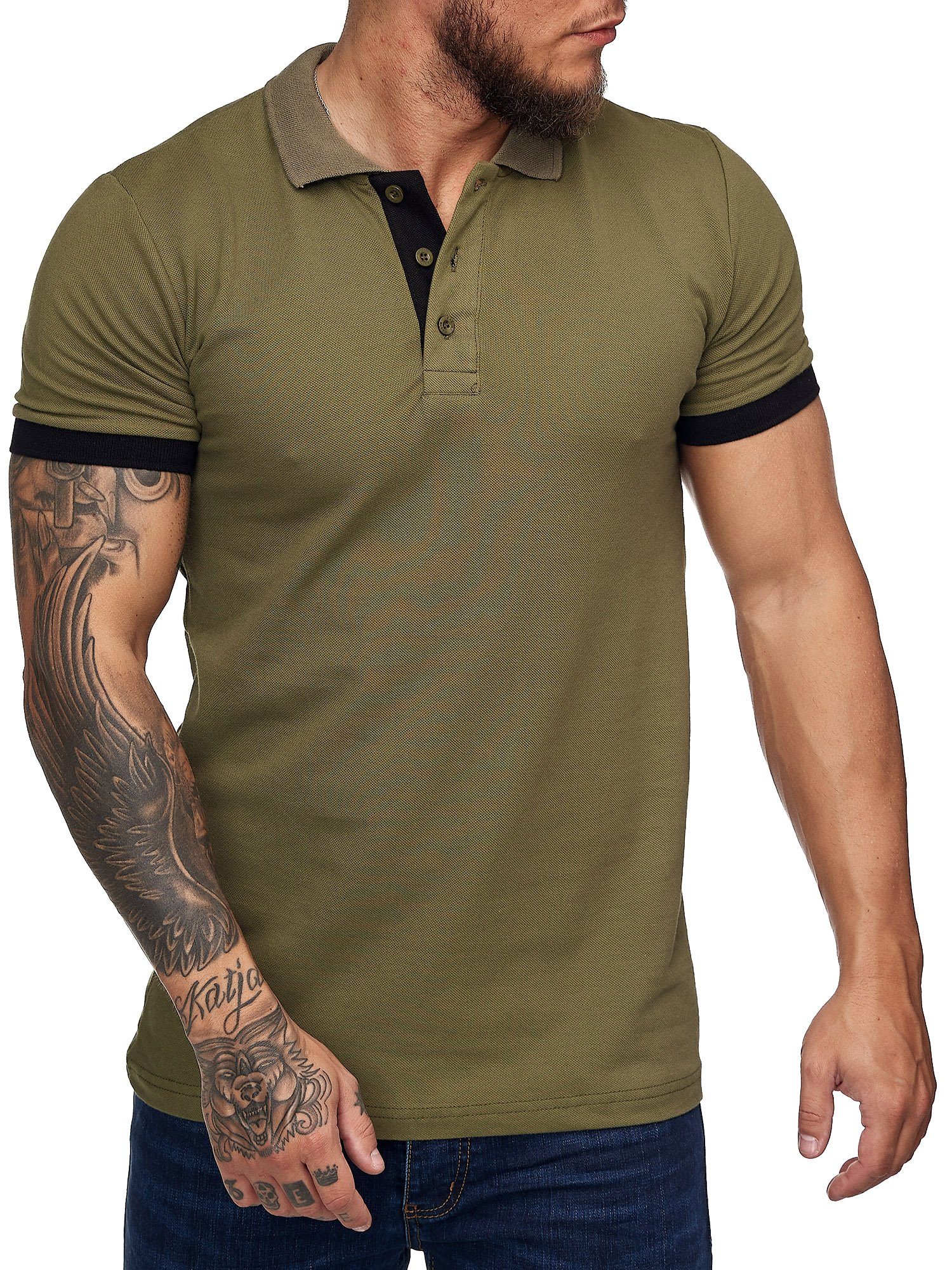 Slim Polohemd T-Shirt (1-tlg) Herren Einfarbig Basic Fit Khaki Code47 Kurzarm Poloshirt Code47