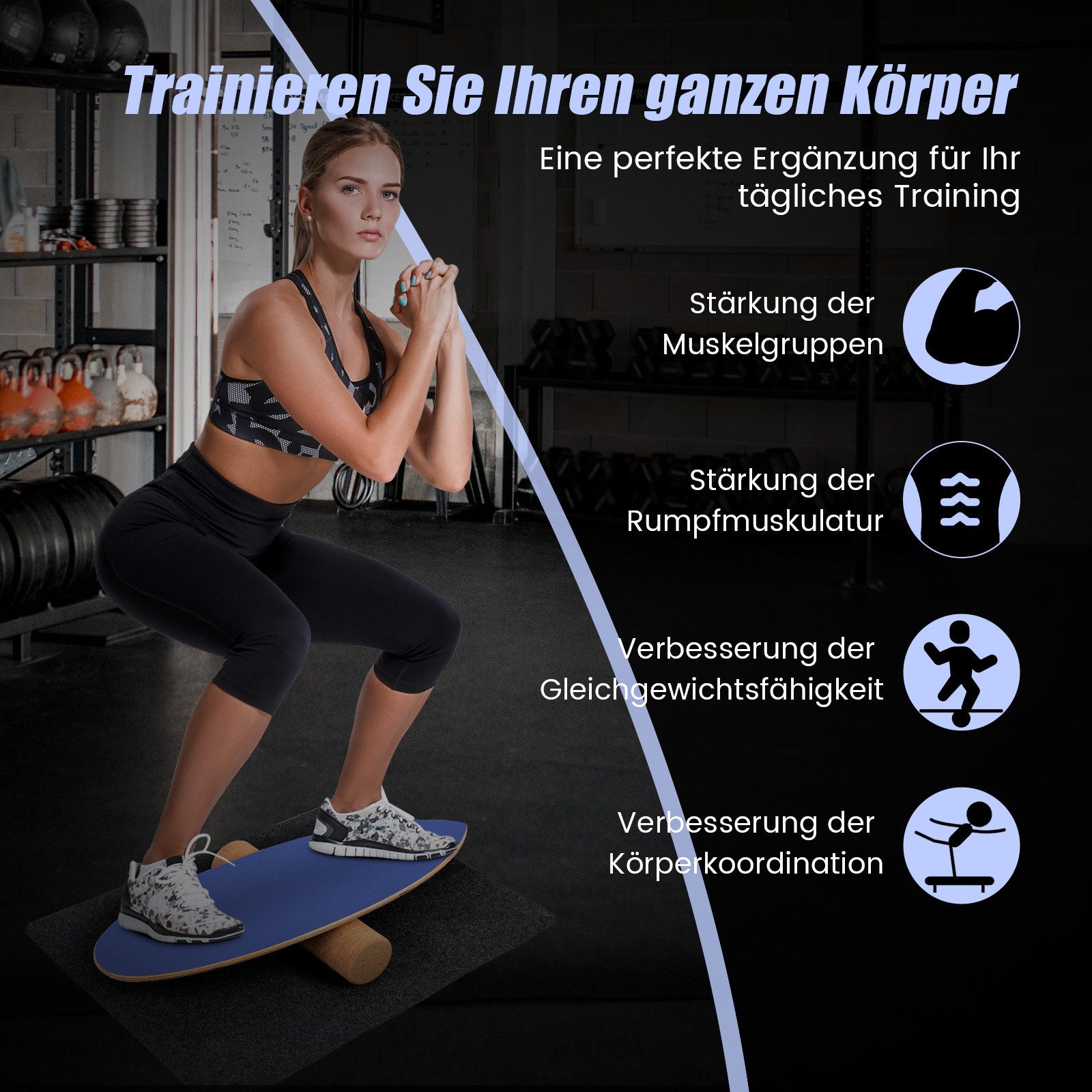 COSTWAY Balanceboard, aus Holz, für zuhause, inkl. Korkrolle, bis 227kg