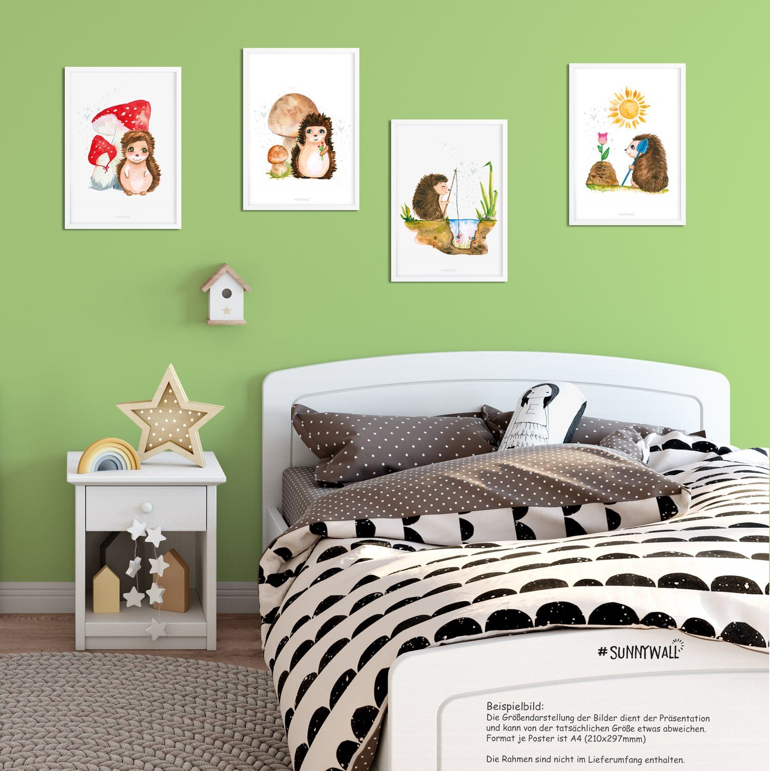 Sunnywall Poster Poster Kinderzimmer Igel Familie (4er Set), Igel Famlie (Set, 4 St), ungerahmt