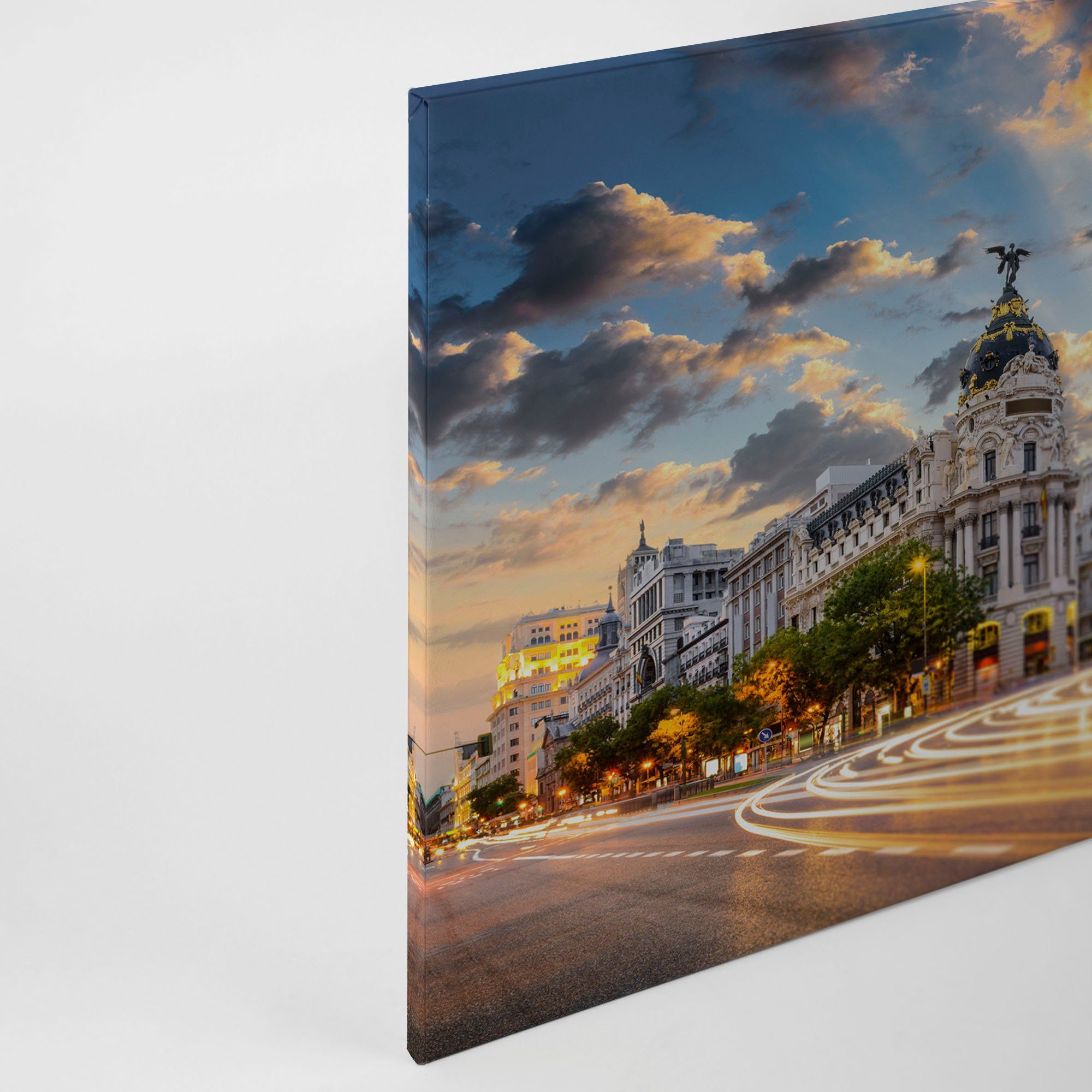 A.S. Création Leinwandbild Gran Via, Gemälde, Kinder, Kunst (1 St), Madrid Keilrahmen Großstadt Spanien Leinwand-Bild Wohnzimmer modern