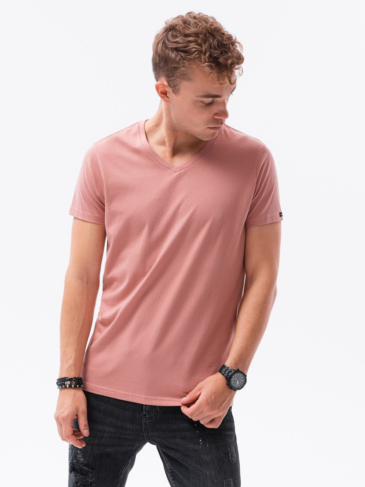 V7 Herren-T-Shirt mit S1369 - V-Ausschnitt OMBRE rot BASIC T-Shirt Klassisches rosa L