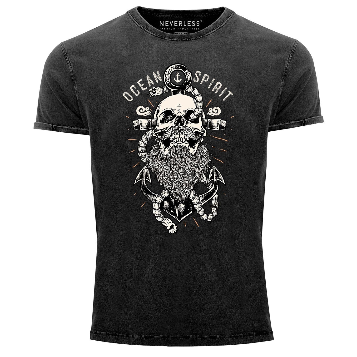 Neverless Print-Shirt Neverless® Herren T-Shirt Vintage Shirt Printshirt Skull Captain Anker Totenkopf Bart Kapitän Ocean Spirit Aufdruck Used Look Slim Fit mit Print