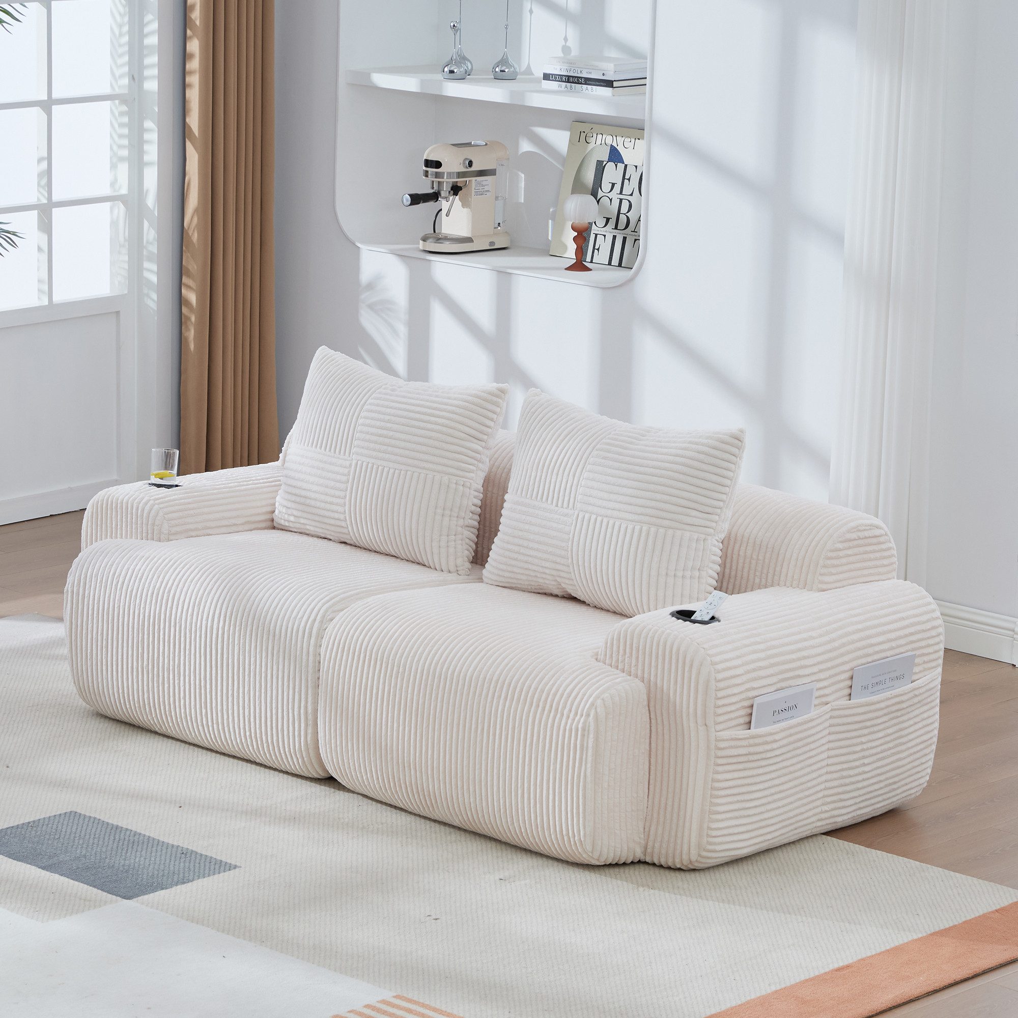 Odikalo Ecksofa Modulares Sofa mit Schlaffunktion, Eckcouch mit 2 Hockern, U Form, Modulares Cordsofa für 3 Personen (mit 2 Hockern), frei kombinierbar, inklusive Getränkehalter und seitlicher Aufbewahrungstasche, ideal für Wohnzimmer, Familienzimmer und weitere Räume