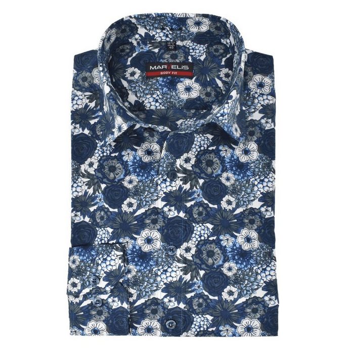MARVELIS Langarmhemd Businesshemd - Body Fit - Florales Muster - Blau