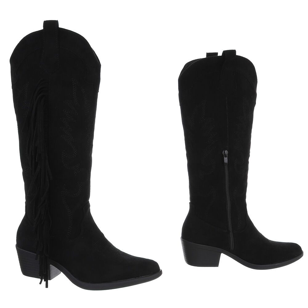 Ital-Design Elegante Damenstiefel mit Fransen für Alltag und Freizeit Westernstiefel (90471226) Blockabsatz Stiefel in Schwarz – Bild 4 von 5