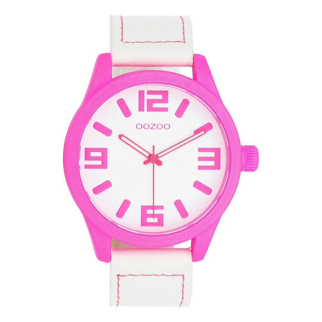 OOZOO Quarzuhr XXL Armbanduhr C0903 Damen 46 mm pink weiß Lederband