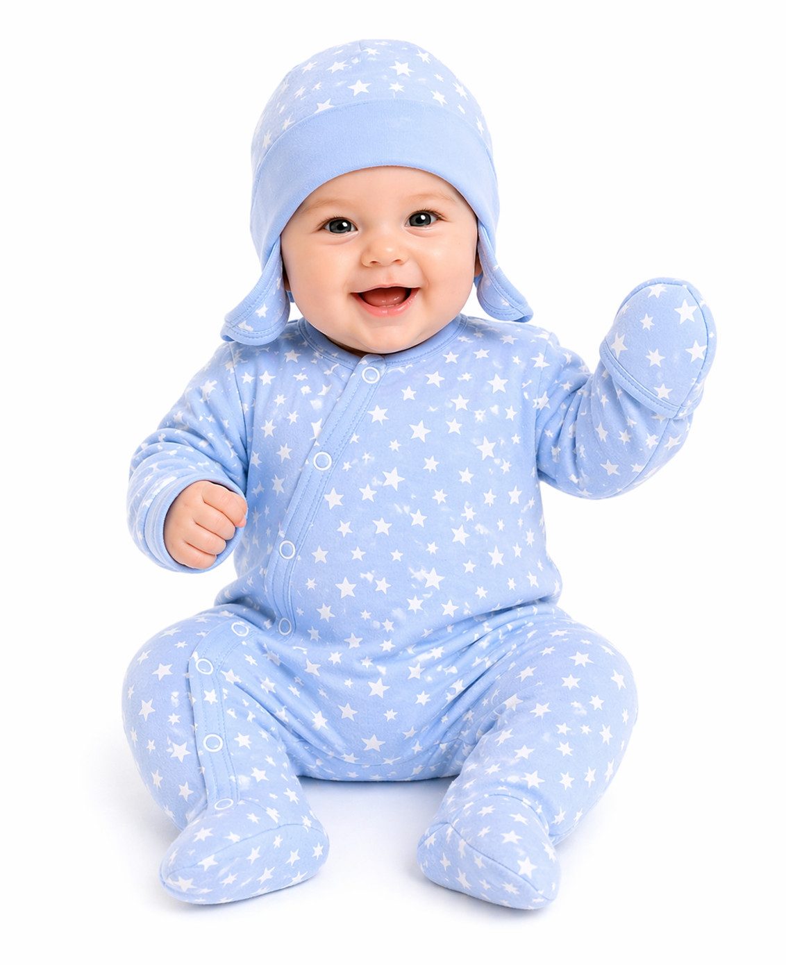 Strampler Erstlingsset Overall mit Kratzschutz und Mütze Baby Set in Blau