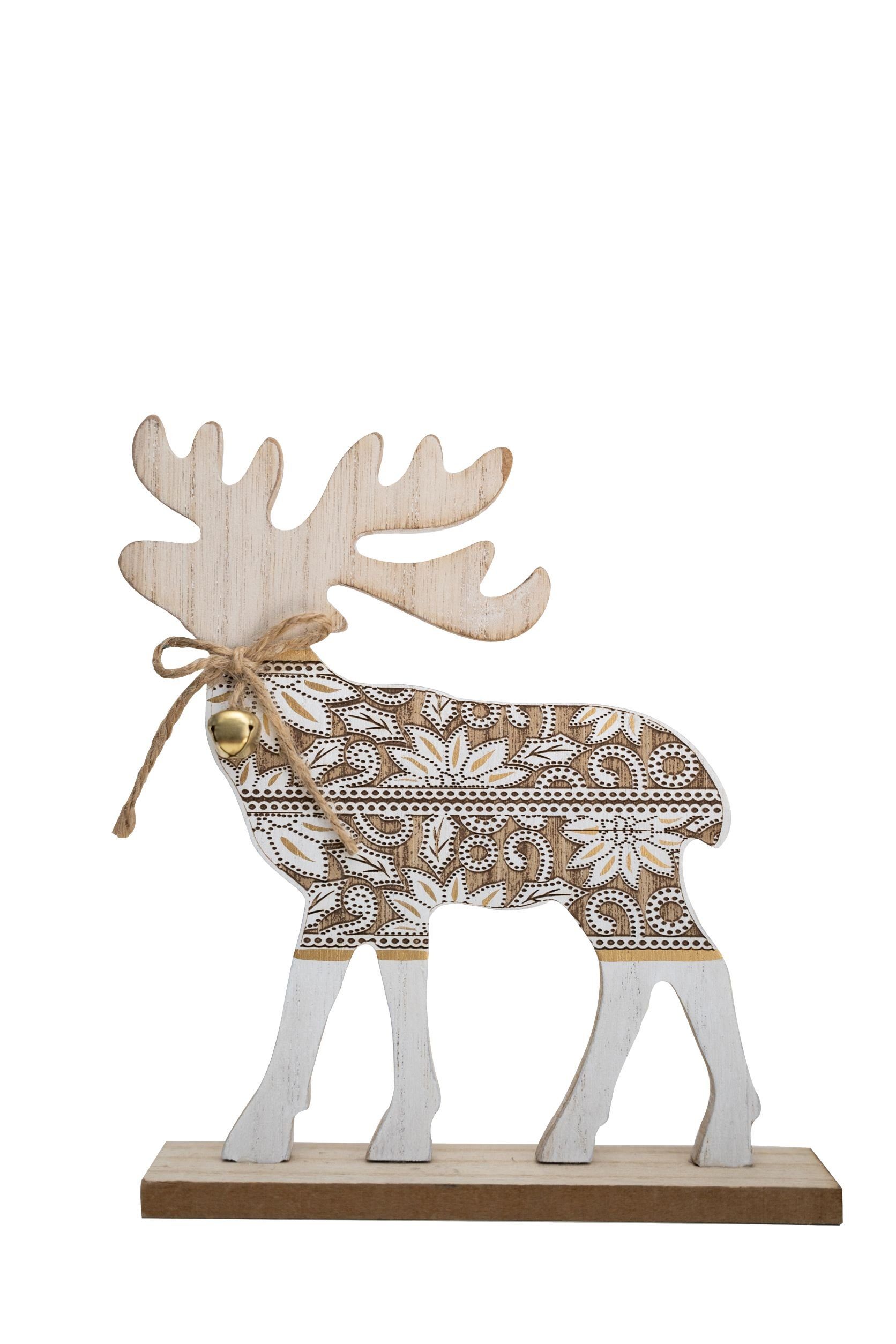 natur/weiß Hirsch Weihnachtsfigur mit Glocken, DECO Heitmann aus Holz,