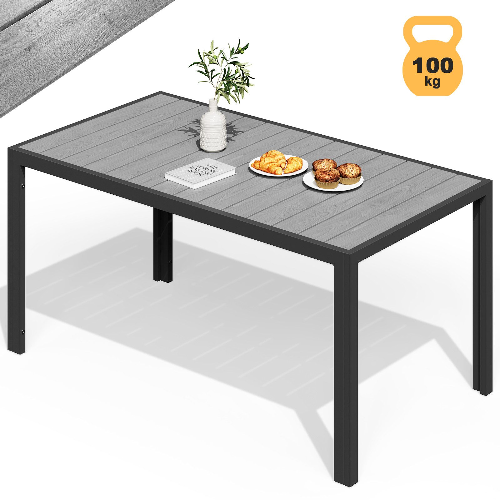 GUNJI Gartentisch 150/180x80cm Aluminiumtisch, Balkontisch, Outdoor-Esstisch (100kg Belastbarkeit, für mehrere Personen, Holzoptik, wasser-sonnenschutzfest & pflegeleicht)