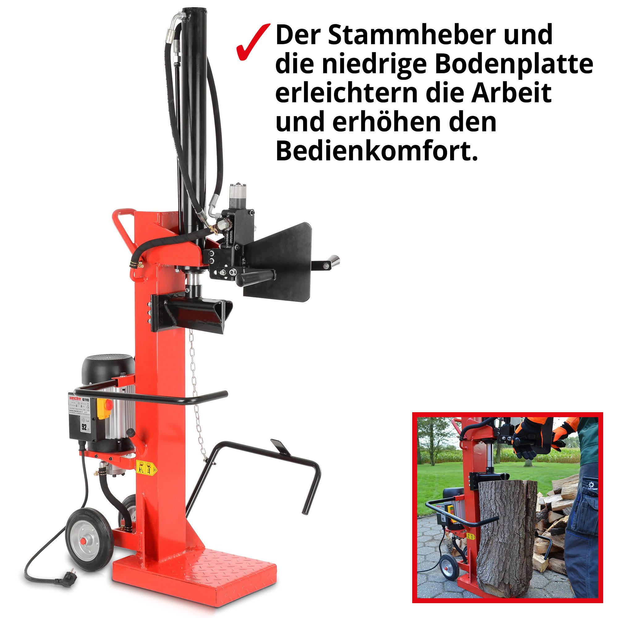 Hecht Elektroholzspalter 6110 mit Hebemechanismus, Spaltgutlänge bis 70 cm, Spaltgutdurchmesser bis 30 cm, 10 Tonnen, 3000W