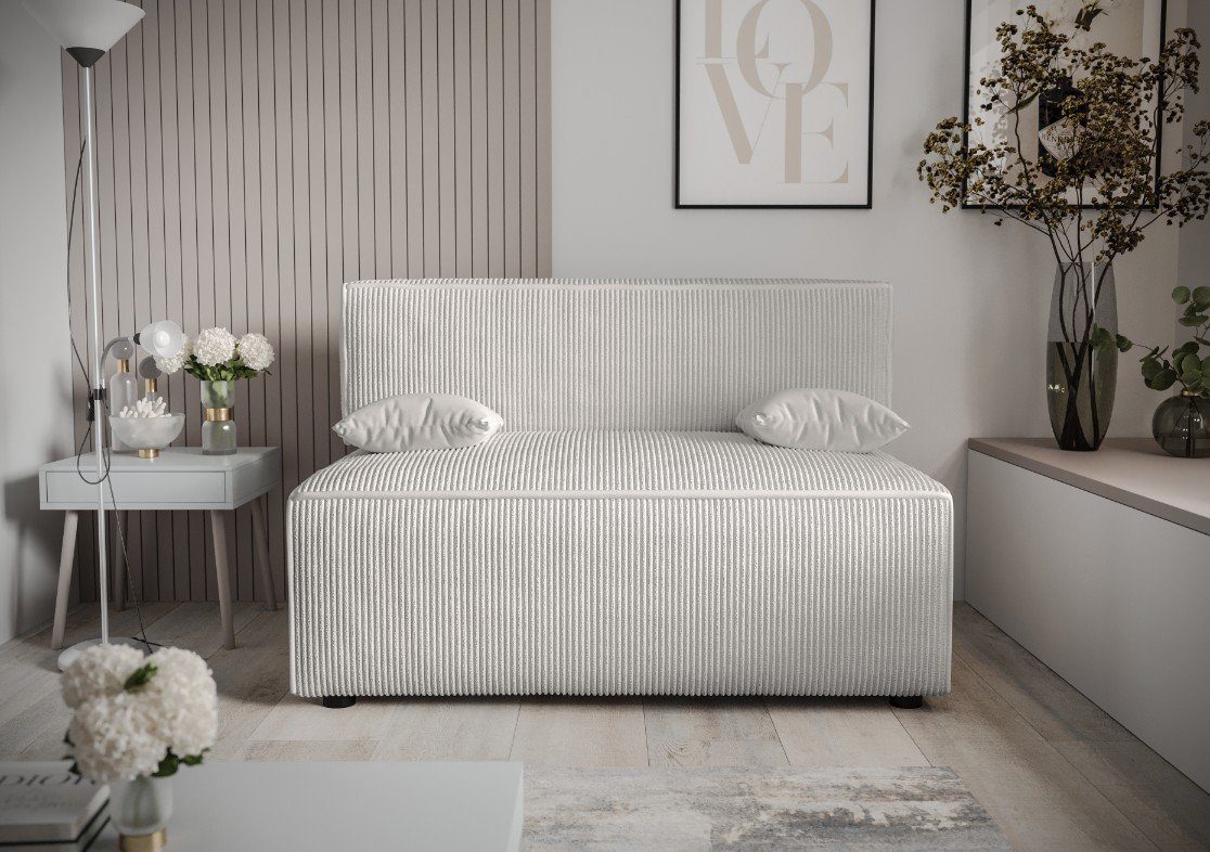 Weiß pressiode Sofa COUCH mit Schlaffunktion 131cm MIRA Schlafsofa, Bettkasten und