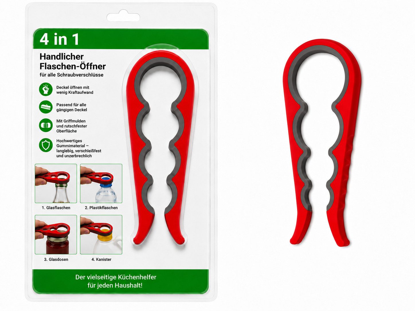 HH-Haushalt Flaschenöffner Flaschen + Dosenöffner Multifunktion 4 in 1 Rot