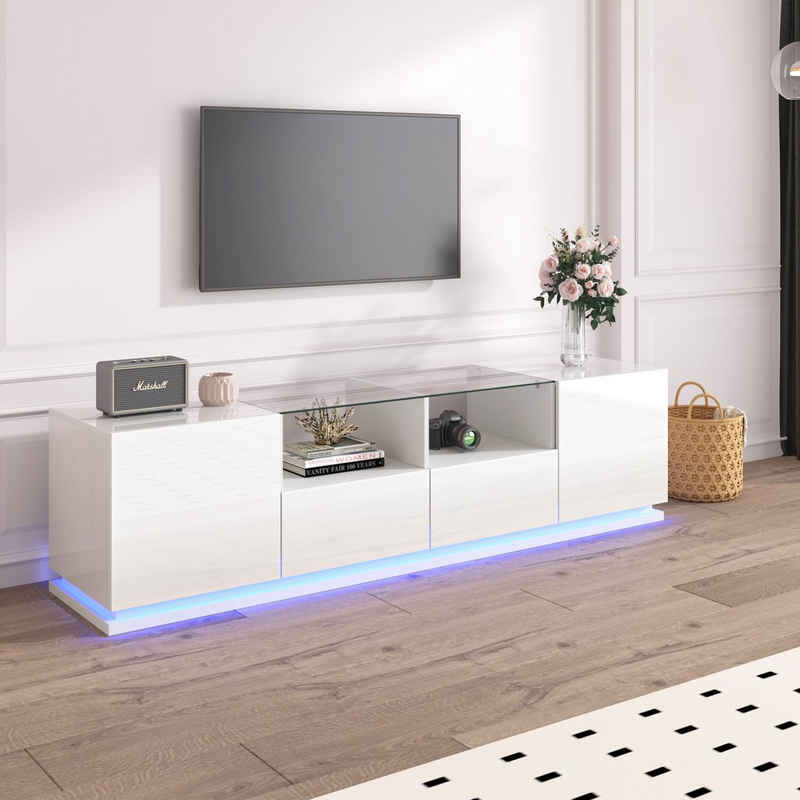REDOM TV-Schrank Lowboard hochglanz mit Türen und Schubladen, mit Glastischplatte und LED